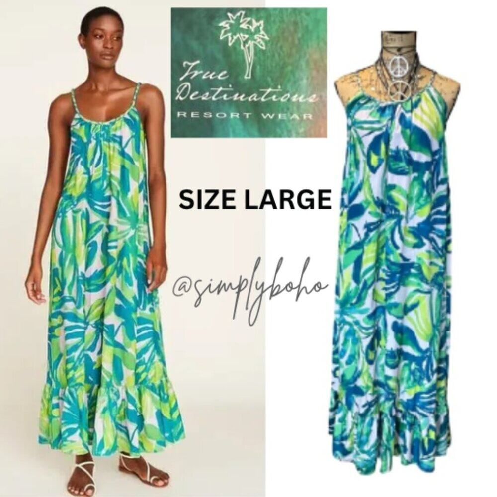 TRUE DESTINATIONS RESORT WEAR - Tropical Blue and Green Maxi Dress - SIZE LARGE